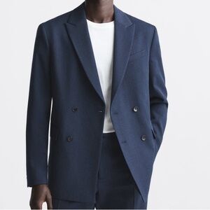 Zara double breasted wool‎ blend suit jacket men’s 42 navy blue NWT
